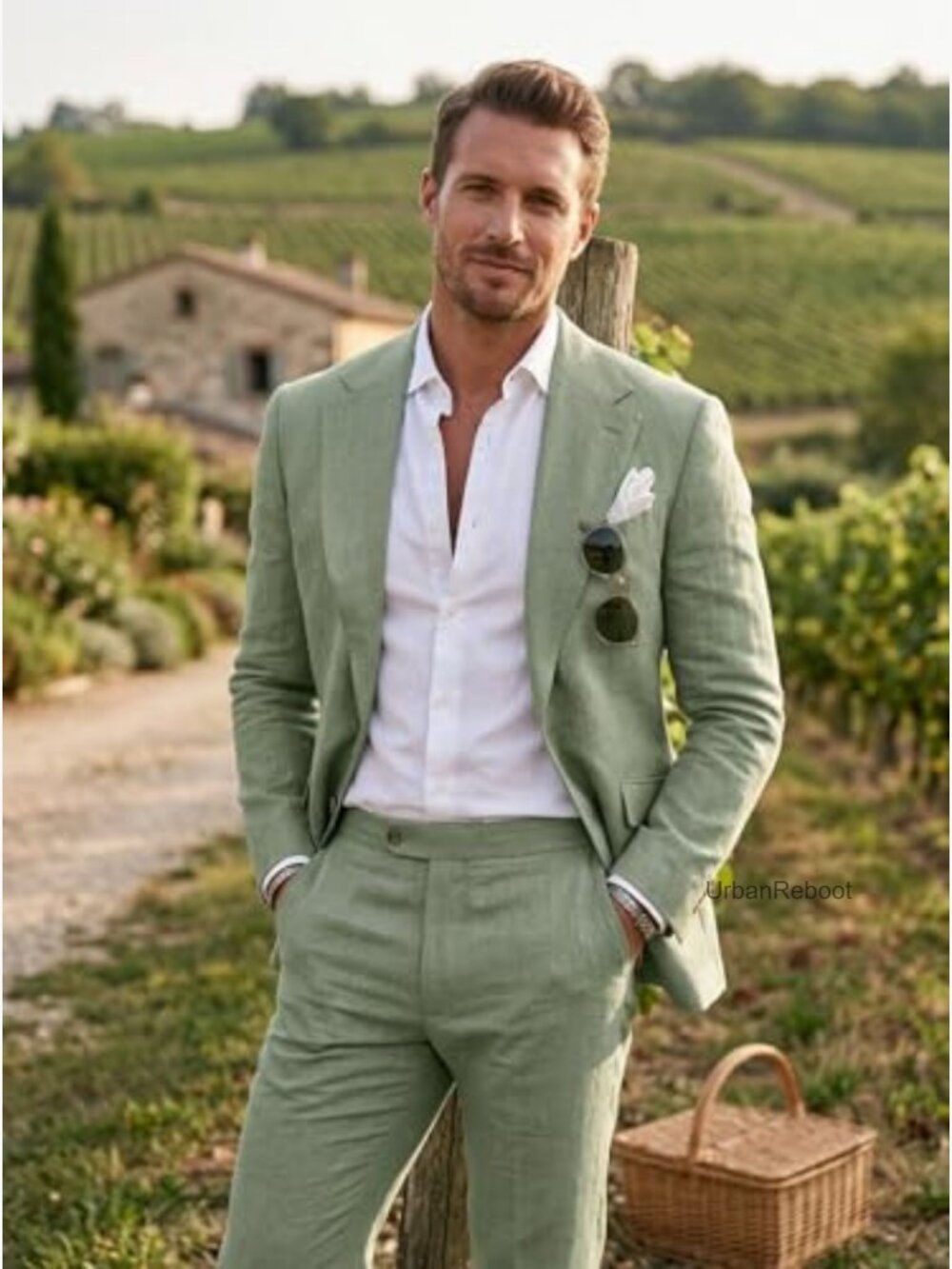 Men's Linen 2 Piece Suit Slim Fit Blazer and Pants Beach Wedding Prom Party - Picture 3 of 7